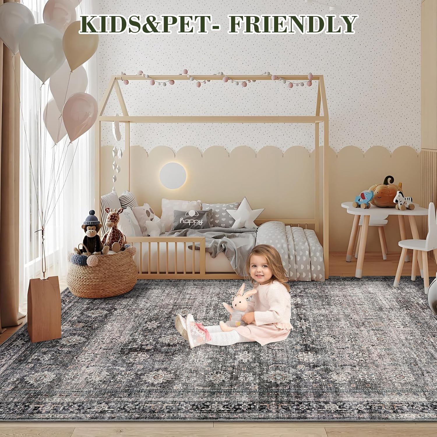 Area Rugs 3x5 Vintage Printed Floor Carpet with Non-Slip Backing, Stain-Resistant Oriental Throw Bedside Washable Farmhouse Low Pile Rugs for Living Room, Bedroom, Office, Green Camel