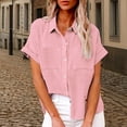 thumbnail image 2 of DondPO Womens tops Women's Spring Autumn Casual Double Pocket Short Sleeve Cotton Shirt top Shirts for Women Linen Shirts for Women Pink XL, 2 of 9