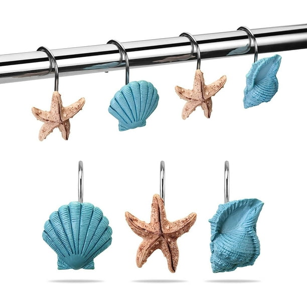 Ganchos para cortinas de ducha AGPtek Seashell, antióxido, 12 unidades, azules
