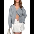 thumbnail image 3 of Cárdigan Grueso de Punto con Cuello en V y Bolsillos para Mujer Gris L, 3 of 8