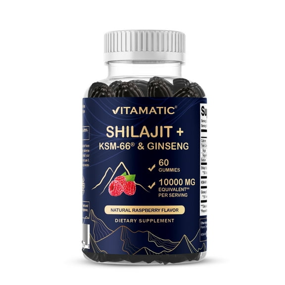 Vitamatic Shilajit with KSM-66® Ashwagandha & Ginseng 10,000 mg Equivalent Per Serving – Natural Raspberry Flavor – 60 Vegan Gummies - Made in USA