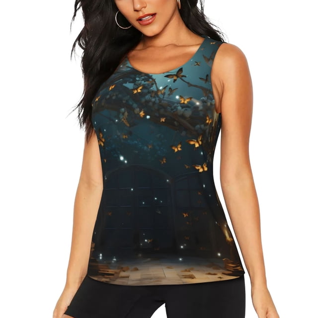 Fotbe Magical Library Butterfly Night Blusas Sin Mangas para Mujer – Estilo Casual, Corte Suelto, Slim-Fit, Cuello Redondo Deportivo, Tops de Verano para Gimnasio y Yoga-XX-Large