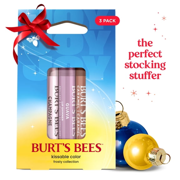 Burt's Bees Kissable Color Frosty Lip Shimmer Gift Set Stocking Stuffer with Champagne Guava and Caramel 3 Lip Shimmer Tubes