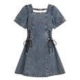 thumbnail image 5 of DAETIROS Girls Denim Mini Dress Square Neck Puff Sleeve A-Line Casual Summer Adjustable Waist Pull-On Blue,Size 7-8T, 5 of 8