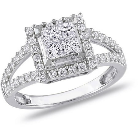 1 Carat T.W. Princess and Round-Cut Diamond 14kt White Gold Halo Engagement Ring