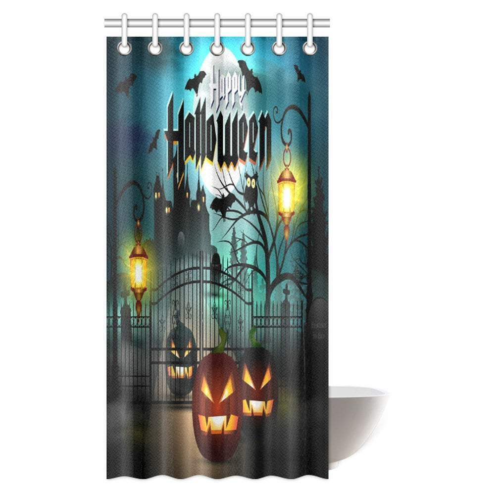 MYPOP Vintage Halloween Shower Curtain, Halloween Themed Asymmetric Caste  with Scary Bats and Ghosts Full Moon Fabric Bathroom Decor Set with Hooks,  