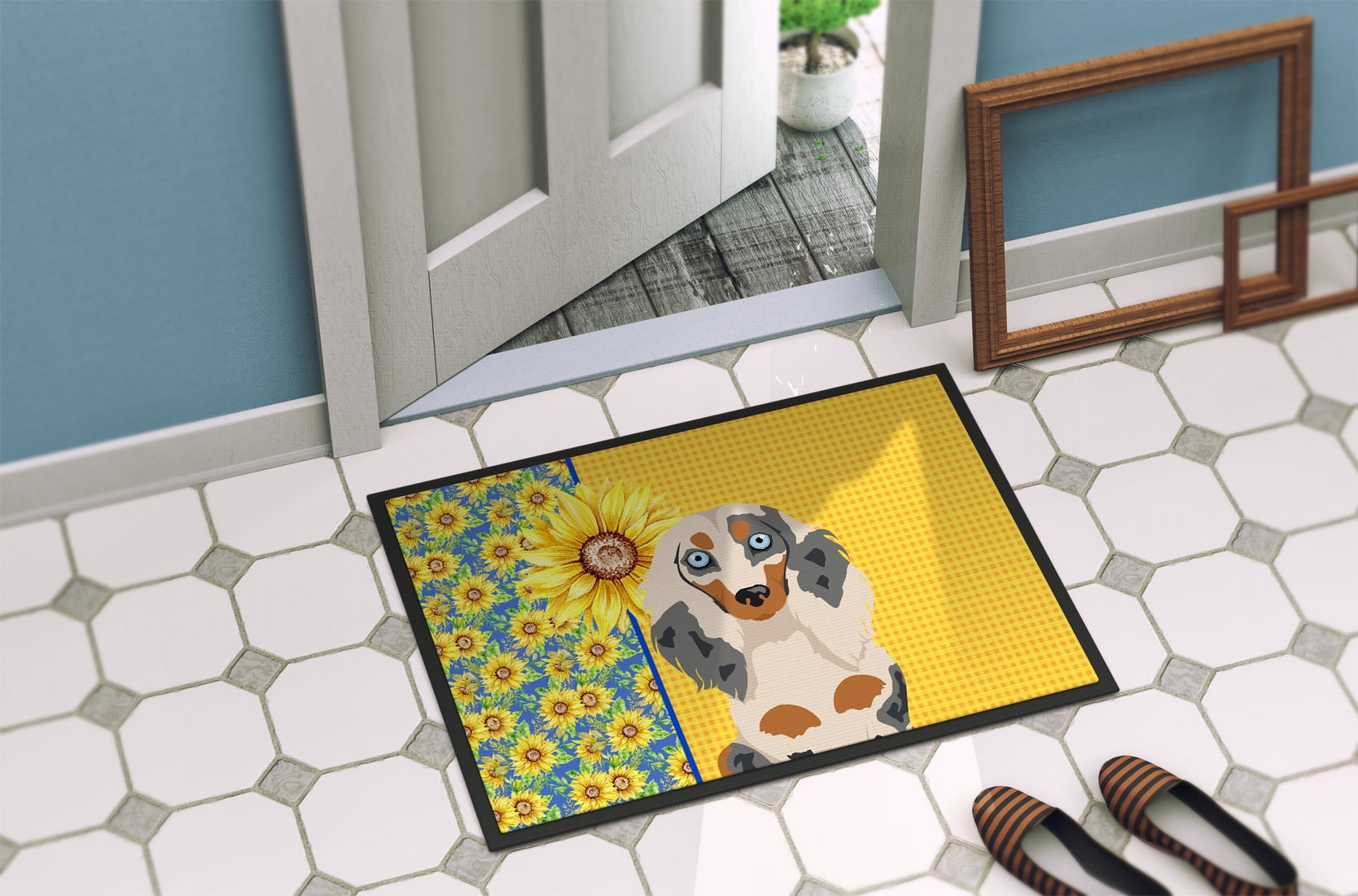 Carolines Treasures WDK5385JMAT 24 x 36 in. Summer Sunflowers Longhair Cream Dapple Dachshund Indoor or Outdoor Mat