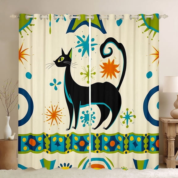 Manfei Mid Century Cat Blackout Curtains, Star Burst Window Curtains Pack of 2 (38x45 Each), Teal Orange