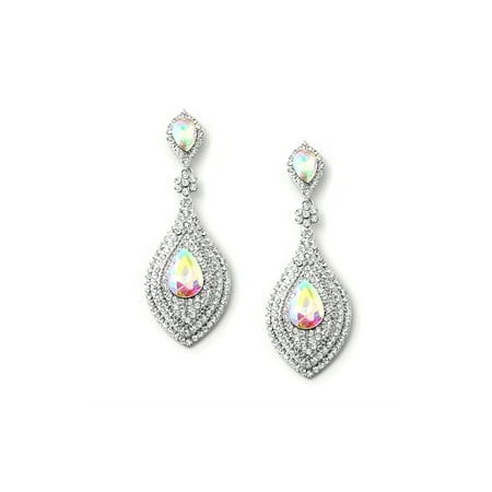 Around Crystal - Rhodium Crystal Rhinestones around Aurora Borealis Teardrops Dangle Earrings