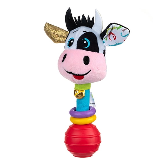 Balibazoo Clara The Cow Baby Rattle – Soft Plush Infant Stick Rattle Toy with Easy-Grip Handle, Golden Bell & Movable Hoops | Developmental Toy for Babies 0-18M