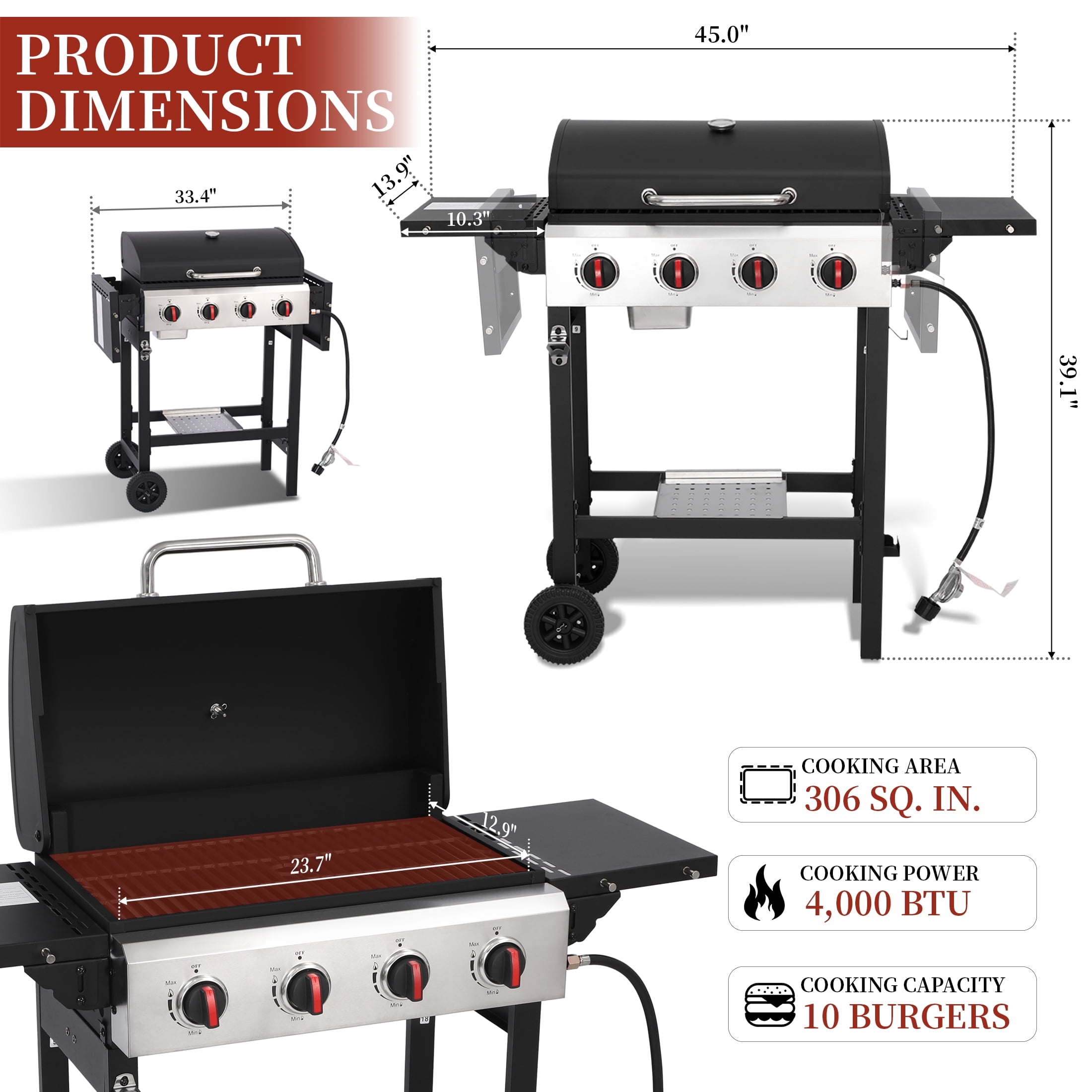 CIG GARDEN 4-Burner Propane Gas Grill with Folding Side Tables, Cast Iron Grates, and Stainless Steel Grill Pan