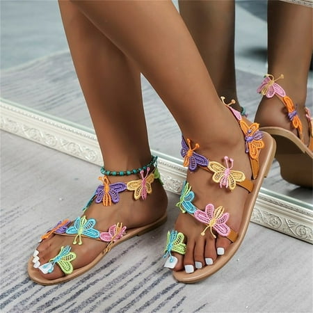 

Ecqkame Women s Flats Sandals Clearance New Toe Color Flat Shoes Women s Slippers Light Butterfly Women s Sandals Multicolor 36