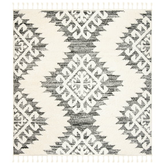 SAFAVIEH Moroccan Tassel Desmond Southwestern Shag Area Rug, Ivory/Grey, 6'7" x 6'7" Square