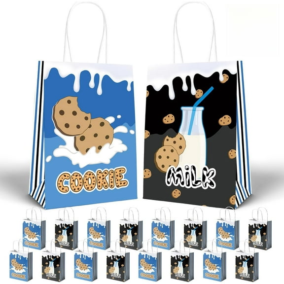 YAHAFEPY Milk and Cookie Goodie Gift Handle Bag 12PCS , Blue Baby Shower Birthday Gender Reveal Party Paper Take Out Treat Candy Bags