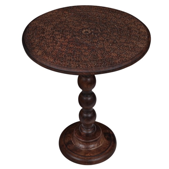 The Wooden Town Modern Hand-Carved Top Wood Round End Table, Scorch Burnt