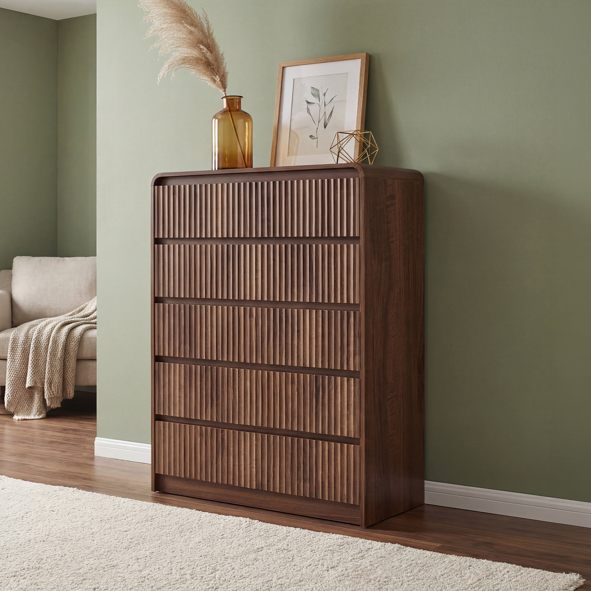 YDN Modern Fluted 5 Drawers Dressers for Bedroom with Drawers - 31.5" Wooden Tall Chest of Drawers, Curved Dresser Storage Organizer with Anti-Tip for Closet Hallway, Entryway, Living Room, Walnut