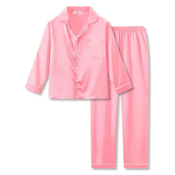 Tebbis Satin Pajamas for Girls - Pink Cute Silky Long Sleeves & Pants Sleepwear PJ Set Size 10