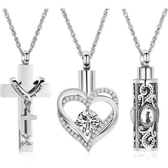 3 PCS Set Cross Cylinder Cremation Jewelry for Ashes Heart Cremation Jewelry for Ashes Loved One for Pet Ashes Human Pet Ashes Pendant Urn Necklace