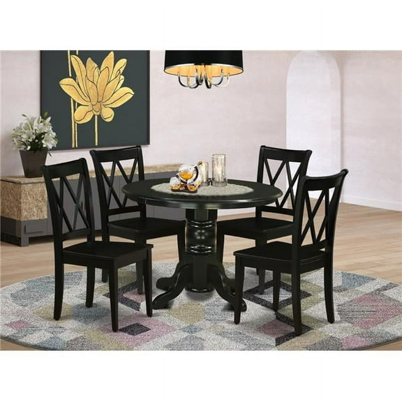 42 in. Shelton Round Family Table & Four Wood Seat Dining Chairs - Black, 5 Piece