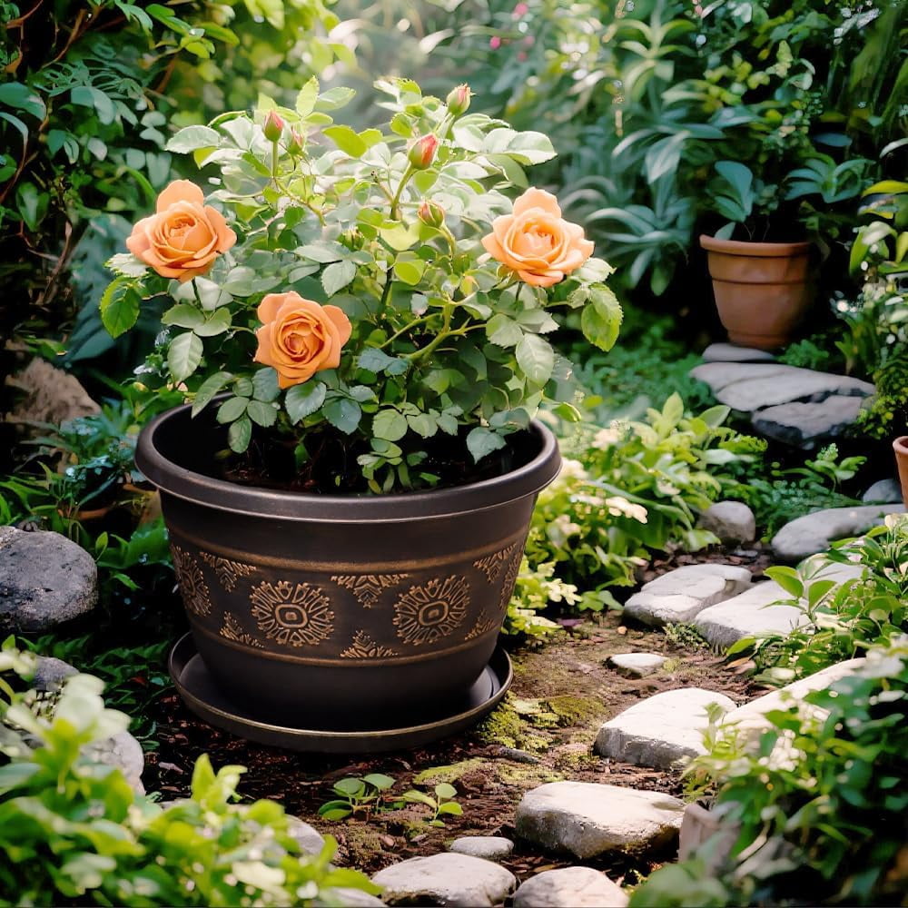 Vintage patterned flower pots with drainage holes and trays, plastic garden flower pots suitable for indoor and outdoor plants. Different colors and specifications to choose from