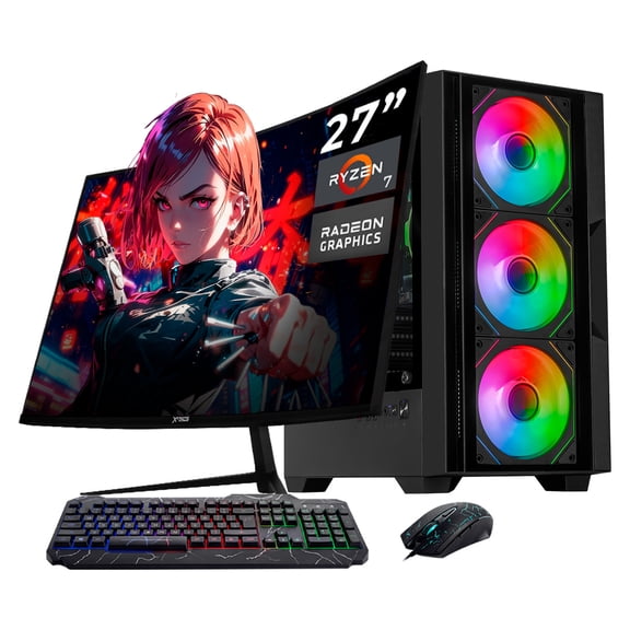 Computadora Escritorio Completa Xtreme PC Gaming AMD Radeon Vega 8 Ryzen 7 5700G 16GB SSD 500GB Monitor Curvo 27 100Hz WIFI Black juegos casuales, trabajo y estudio