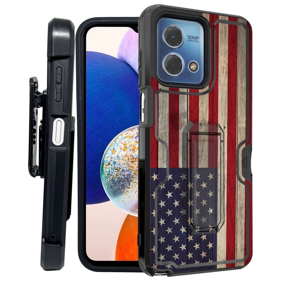 ANJ  Rugged Shockproof Kickstand Hybrid Case with Card Slot and Holster   Tempered Glass Cover for Motorola Moto G Stylus 5G (2023) - American Flag on Wood