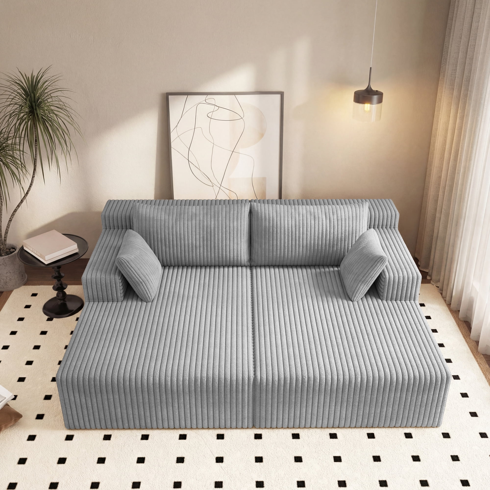 HOQBN 71" Oversized Double Chaise Lounges Indoor,Upholstered Corduroy Boneless Couch with 4 Pillows,Reading Lazy Cloud Plush Sofa Bed for Living Room, Bedroom,No Assembly,Antique Gray