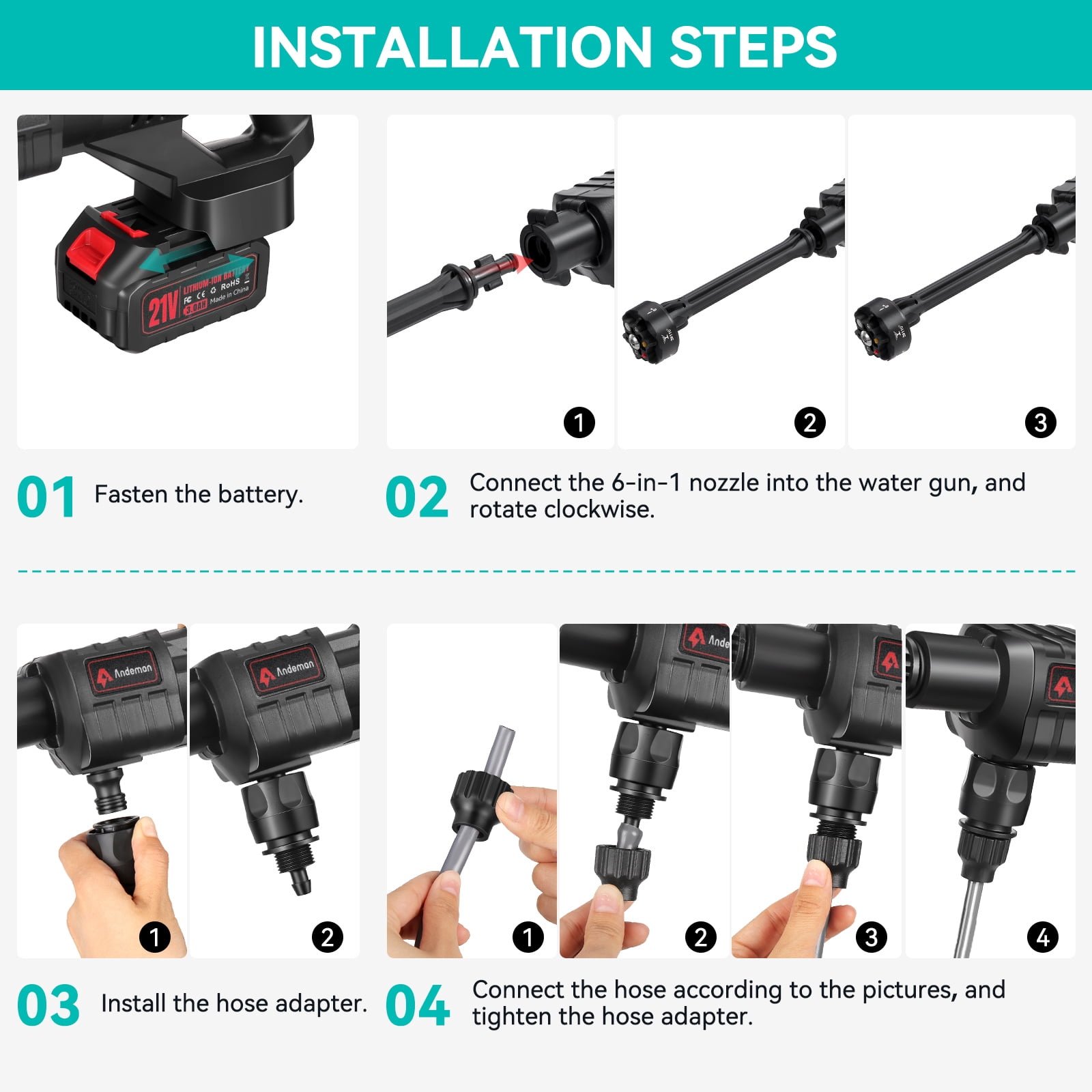 Audew (Andeman) 600PSI Cordless Pressure Washer - 6-in-1 Multipurpose Cleaner with 2x1.5Ah Batteries