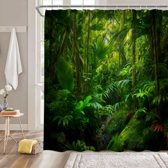 Rainforest Waterfall Shower Curtain Nature Green Tropical Palm Tree Waterfall Jungle Natural Scenery Landscape Bathroom Decor Fabric Curtain with Hooks-72"W x 84"L (Pack of 1)