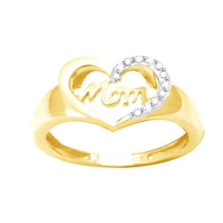 14k Gold Estate Ring - White Natural Diamond Accent Mom & Heart Ring In 14k Yellow Gold Over Sterling Silver (0.02 Cttw)