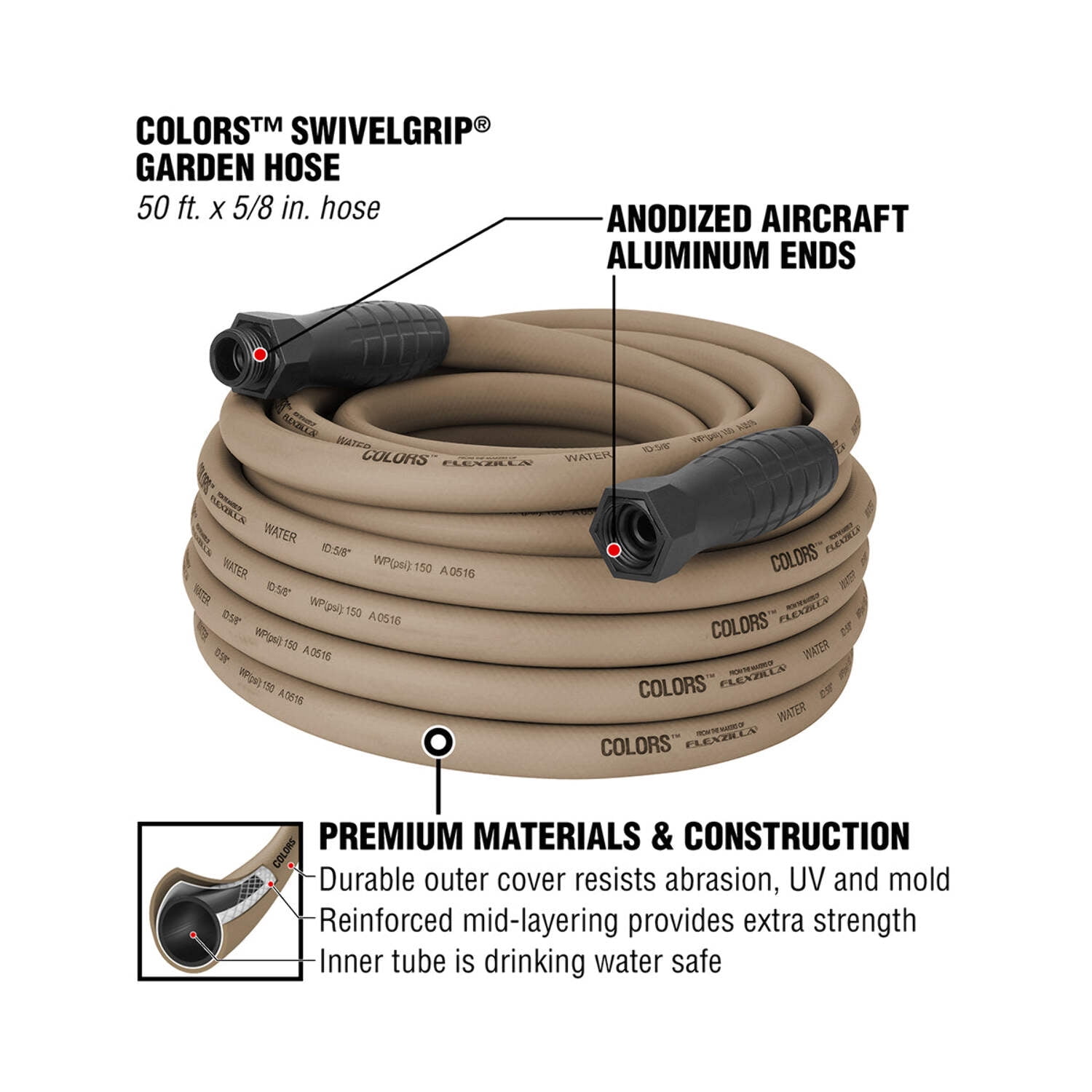 Flexzilla® Colors™ SwivelGrip® Garden Hose 5/8" x 50' 3/4"-11 1/2 GHT Fittings Brown Mulch(Boxed)