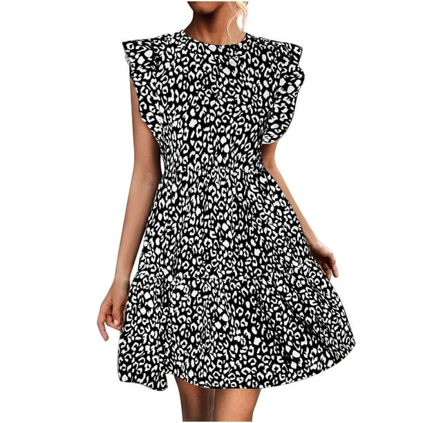 Mini vestido de manga corta con cuello redondo y estampado informal con botones de verano para mujer a la moda Fridja qw3978