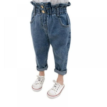 

2-8 Years Girls Ripped Jeans Denim Pants Kids Washed Elastic Waist Straight Leg Jeans Baggy Wide-Leg Trousers