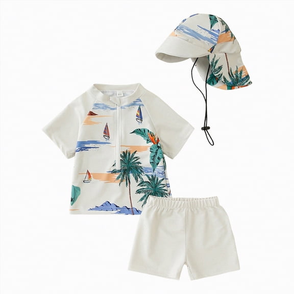 TOWED22 Boys Swimsuit Set Rash Guard Toddler 3-Piece Swimwear Swimming Suits Bathing Suit Swim Trunk Swim Set Beige,4-5 Y