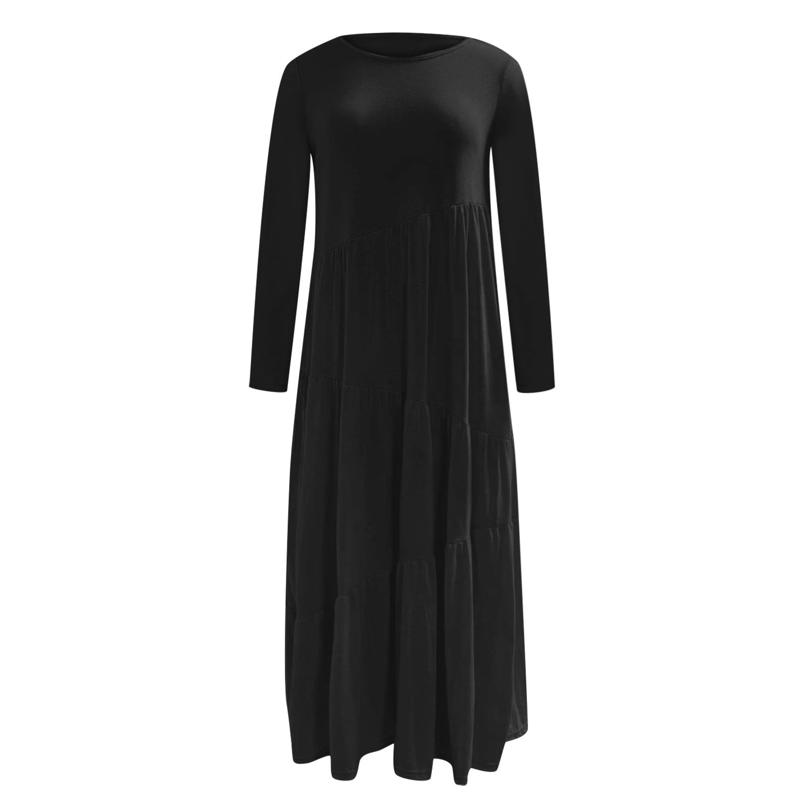 Women's Short/Long Sleeve Loose Plain Maxi Dresses Crewneck Casual Tiered Flowy Pleated Swing Beach Long Dresses