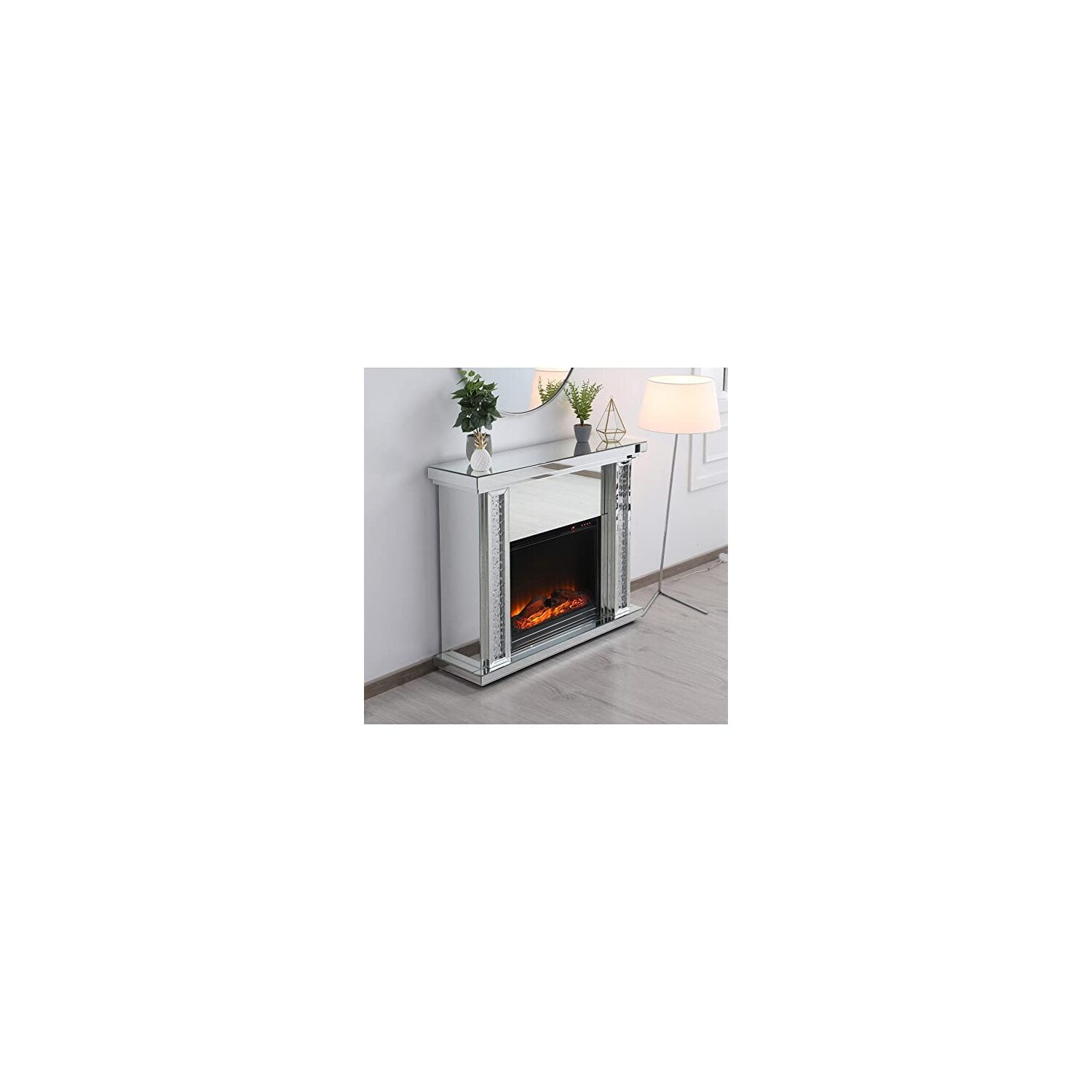 47.5 in. Crystal mirrored mantle with wood log insert fireplace