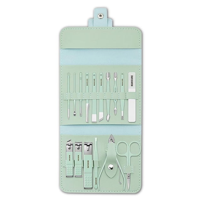 Naiovety Juego de cortaúñas de 16 piezas con estuche de transporte, tijeras para esmalte de uñas de pedicura, kit de manicura para uñas de Almacenamiento y organización del hogar