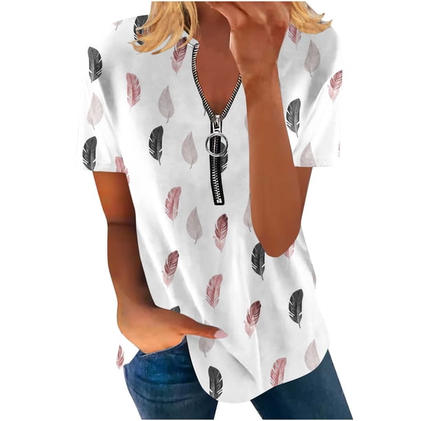 Blusa informal elegante de manga corta con cremallera y cuello redondo para mujer OAVQHLG3B Store lin121212