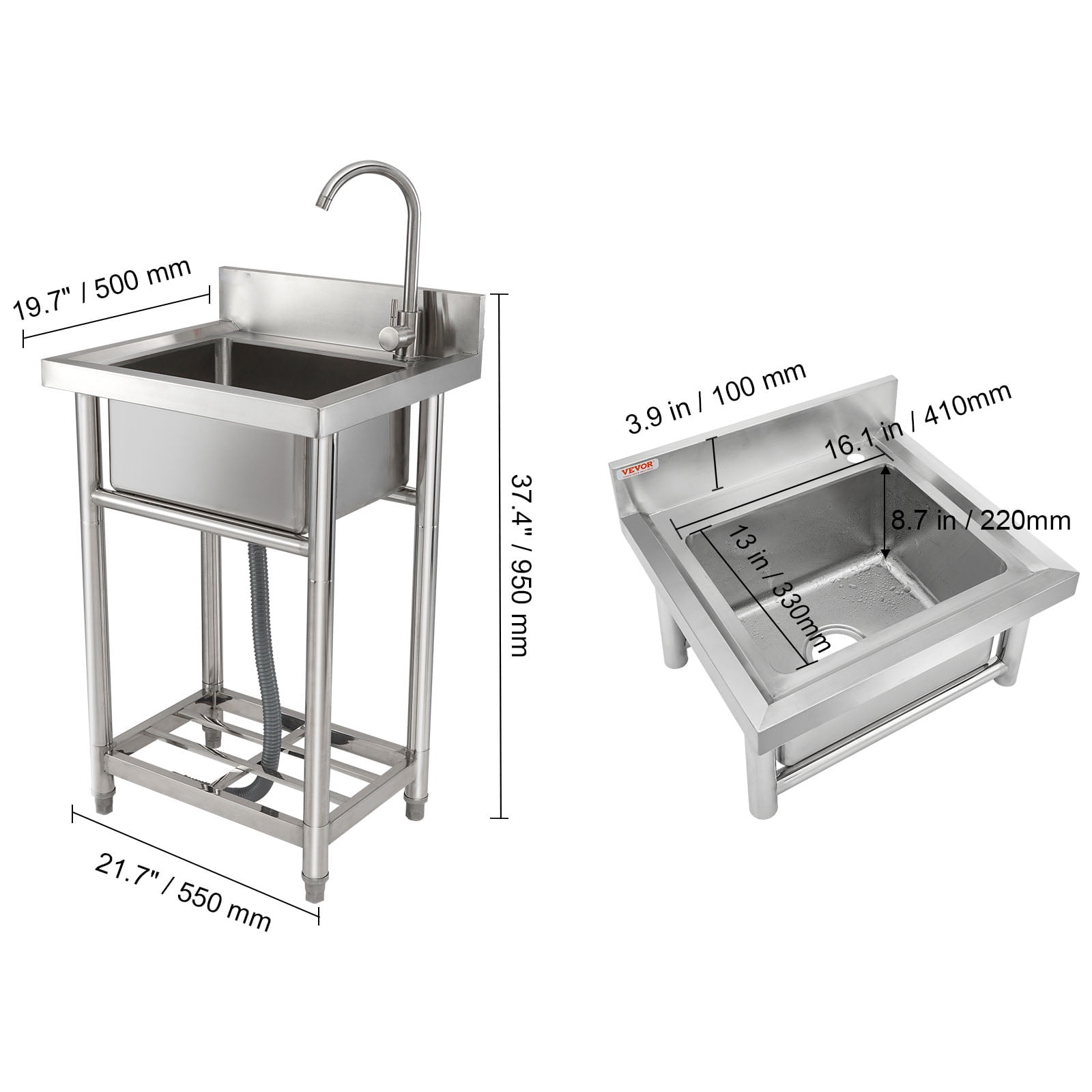 VEVOR Stainless Steel Utility Sink, 1 Compartment Free Standing Small Sink Include Faucet & legs, 16 x 13 x 8.7 in Commercial Single Bowl Sinks for Garage, Restaurant, Kitchen, Laundry