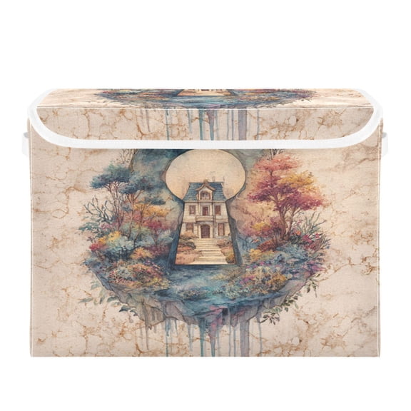 Large Collapsible Storage Box Flip Lid Fabric Decorative Organizer Container Basket with Handles 16.5×12.6×11.8in Fantasy House