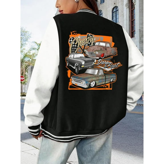 Women's Oversize Chevy Bel Air Baseball Jacket Hoodie Bomber Classic Car Patina Design Plus Size Trucker Jacket
