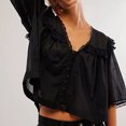 thumbnail image 2 of Gupgi Women Mesh Shirts Summer Solid Color V-Neck Short Sleeve Ruffles Translucent Blouse Casual Loose Tops, 2 of 6