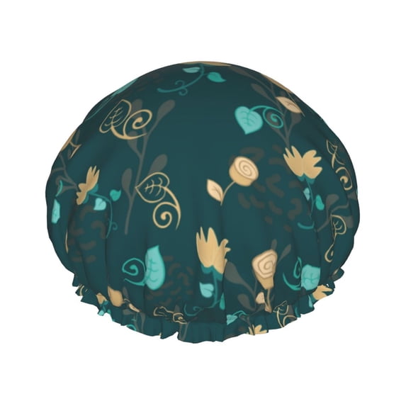 YFYANG Women's Double Waterproof Shower Cap, Green Vintage Flowers Reusable Hair Cap for All Hair Styles and Head Sizes