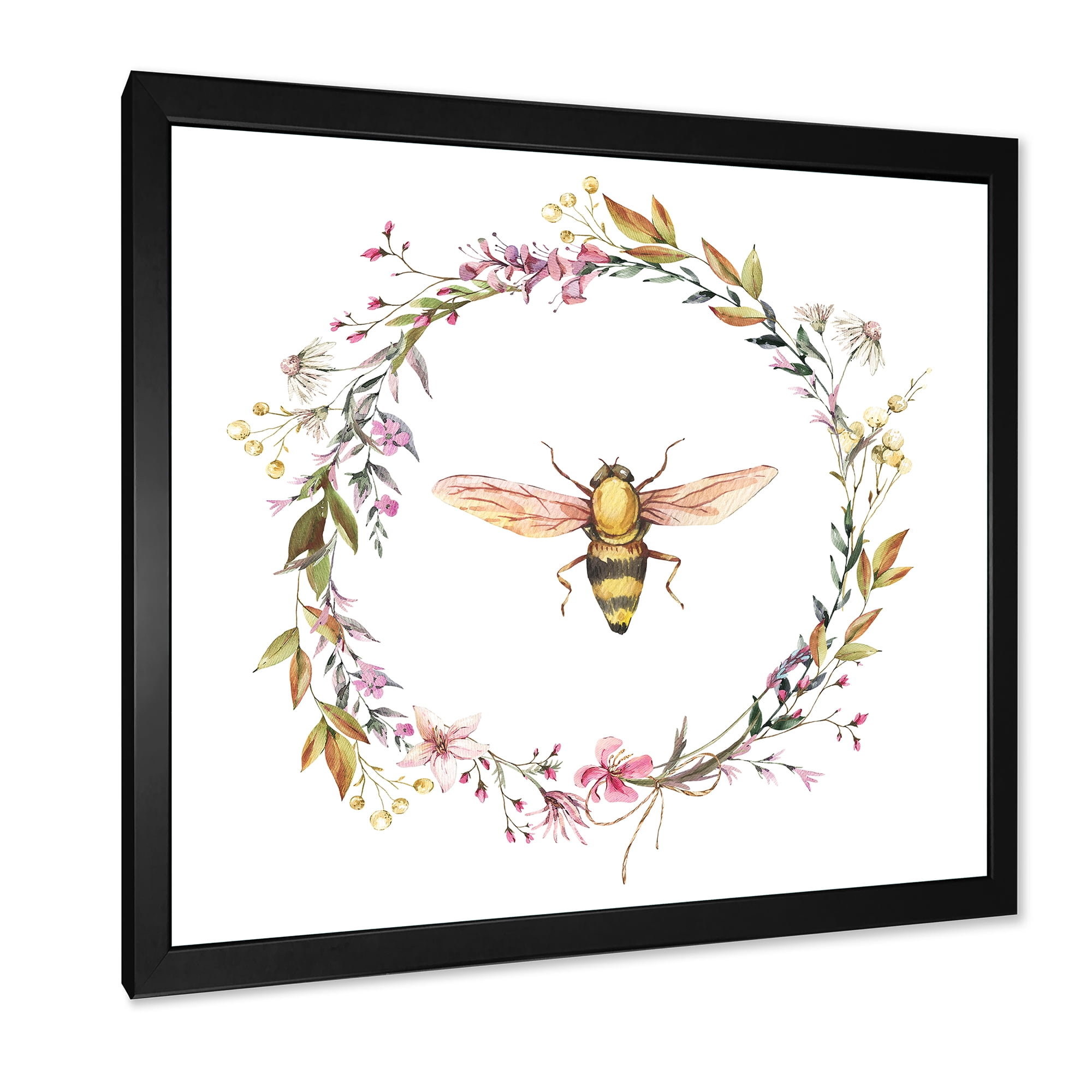 Designart 'Wildflowers Wreath and A Bee' Farmhouse Framed Art Print