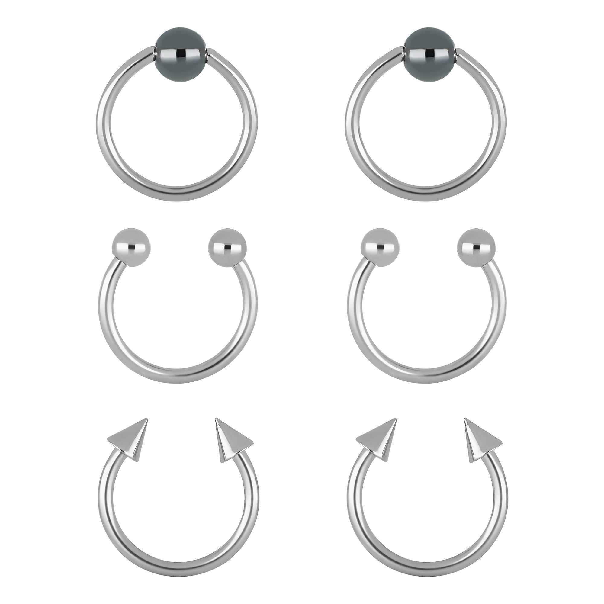 Body Jewelry Women's 16G Stainless Steel Hoop & Horseshoe Cartilage Earring Set, 6 Pack
