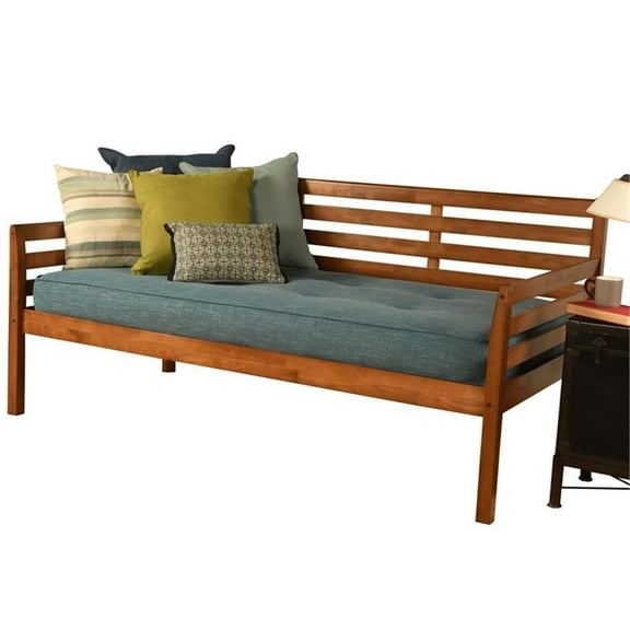 Pemberly Row Wood Daybed in Barbados Brown with Linen Aqua Mattress