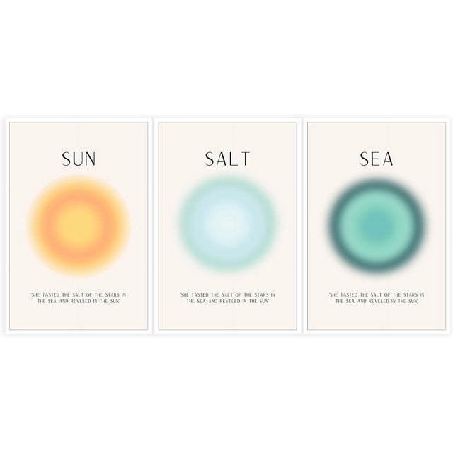 HAHDAXIA Sun Salt and Sea Aura Posters Coastal Canvas Wall Art Minimalist Beach Prints Trendy Ocean Beachy Colorful Abstract Aura Mind Body Soul Aesthetic Decor Bedroom Yoga 3 Set 12x16in Unf
