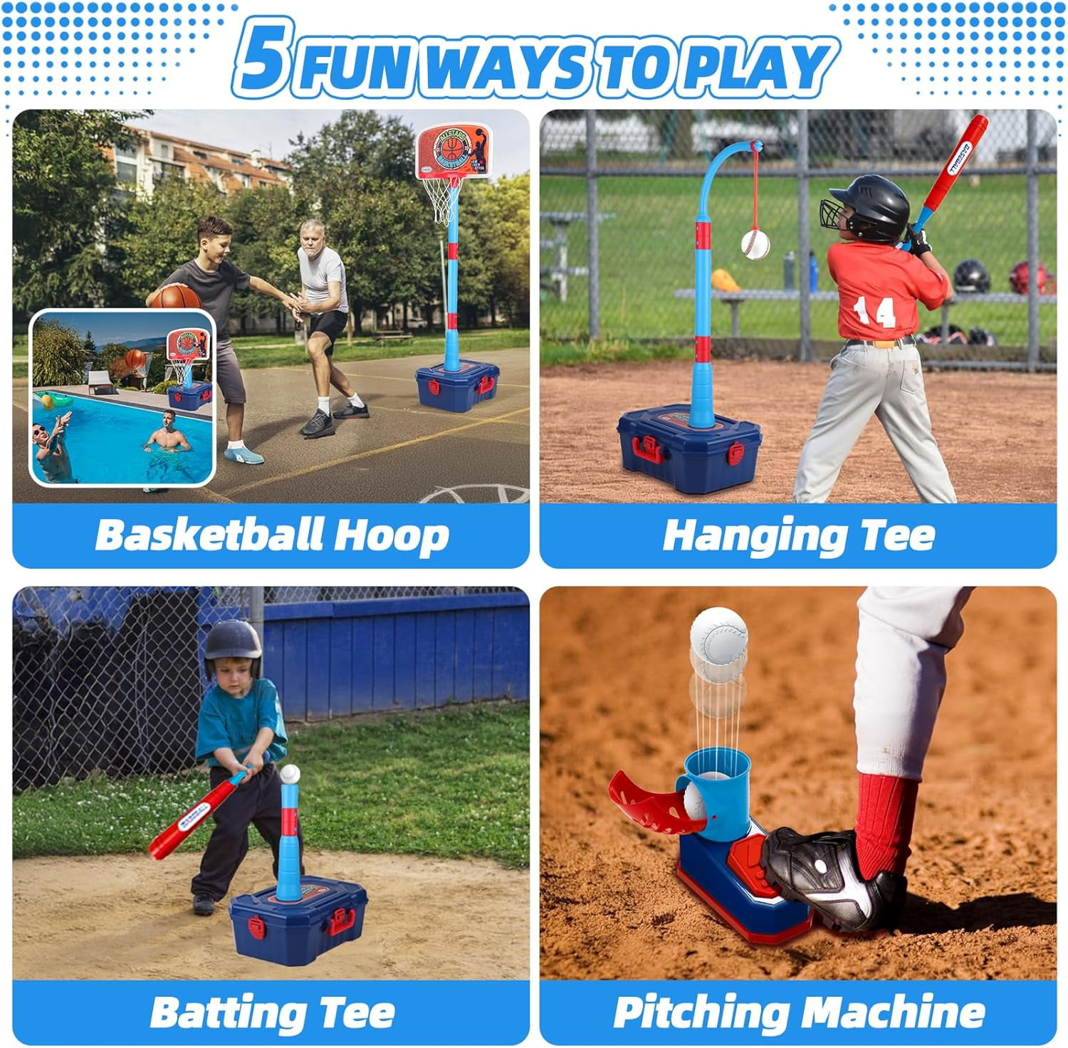 LINXUXIE 4 in 1 Toddler Basketball Hoop and T Ball Set, Kids Baseball Toys with Pitching Machine, Indoor & Outdoor Sport Birthday Gifts for 1-3 3-5 Year Old