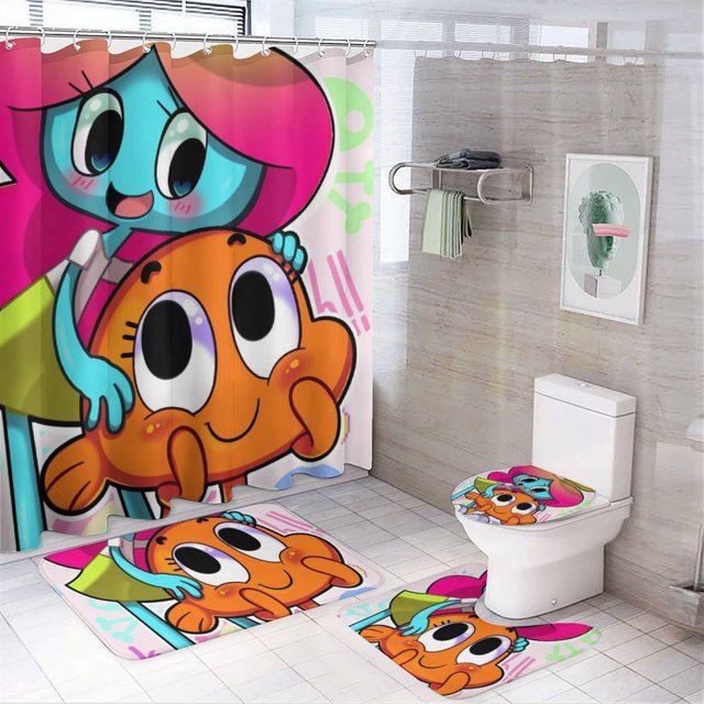 Juego de 4 cortinas de ducha de El asombroso mundo de Gumball con alfombrillas antideslizantes, tapa de inodoro y alfombrilla de baño, cortina de ducha impermeable con dibujos animados para niños con