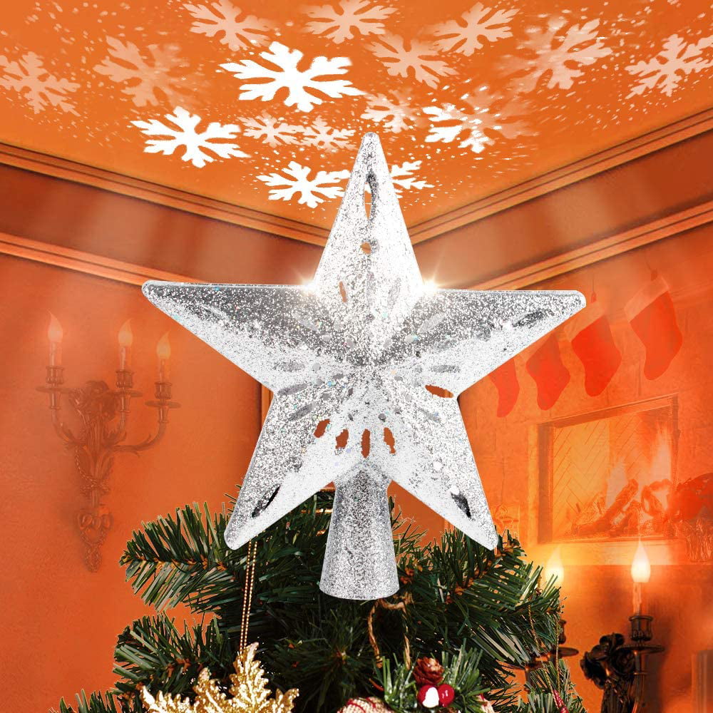 3D Glitter Star LED Light Christmas Tree Topper Lighted Projector Xmas Ornament 